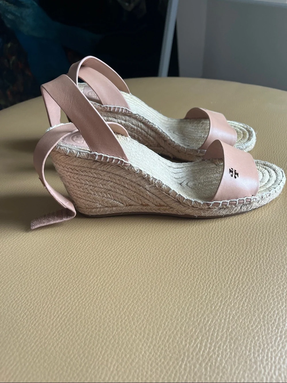 Tory Burch Tan Leather Bima 2 Espadrille Wedge Ankle Strap Sandals SZ 8 EUC